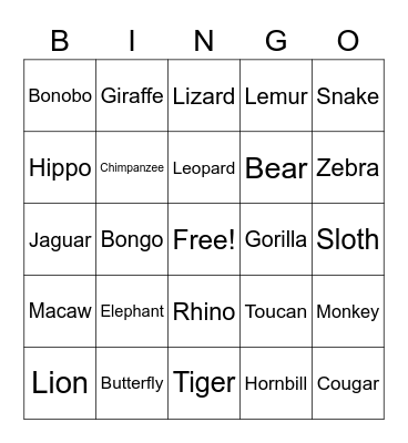 Jungle Animals Bingo Card