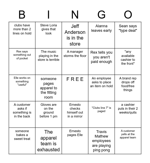 Apparel Bingo Card