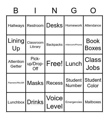 Expectations/Routines Bingo Card