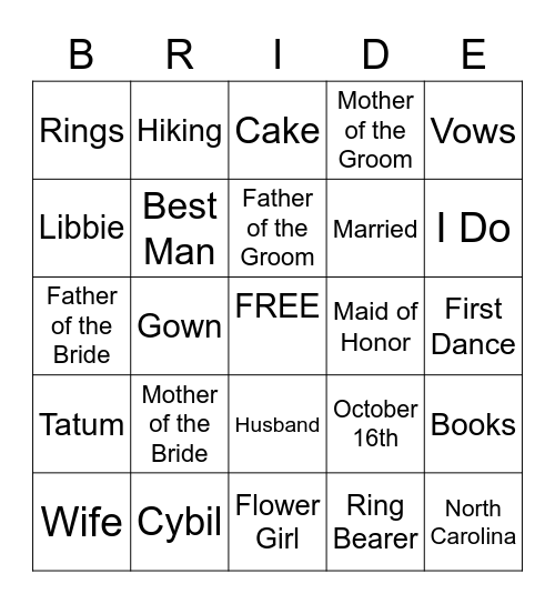 Torie & Dylan's Wedding Bingo Card