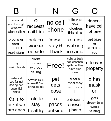 Covid-19 Veterinary Curbside Bingo Card