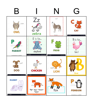 ANIMALS Bingo Card