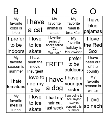 Walk around and talk to the other girls. When you find someone who can answer "yes" to one of the questions on your sheet, ask them to sign their name in that space. Each person can only sign once! When you have five signatures in a row shout Bingo! Bingo Card