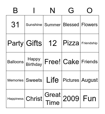 Elsie's 12th birthday Bingo Card