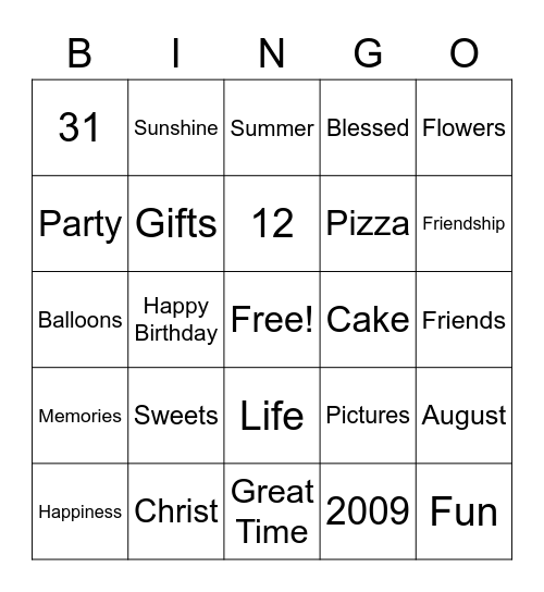 Elsie's 12th birthday Bingo Card