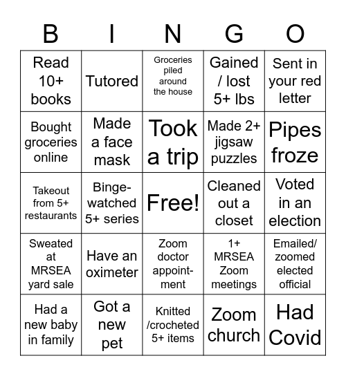 Pandemic Bingo Card