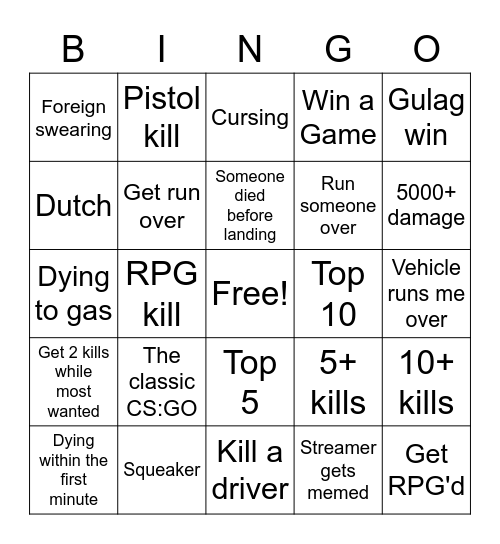 Call of Duty: Bingo Zone Bingo Card