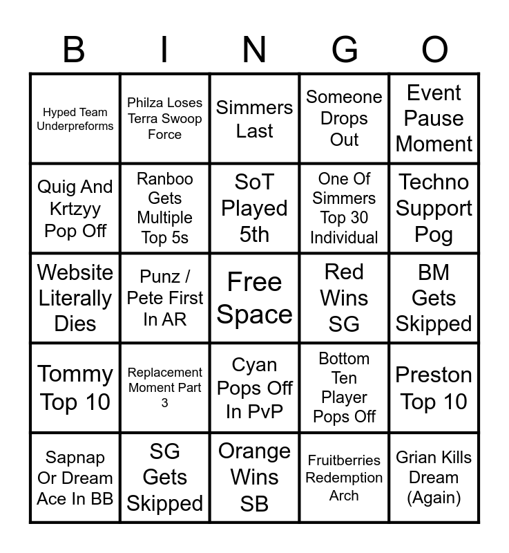 QSMP PHILZA STREAM Bingo Card