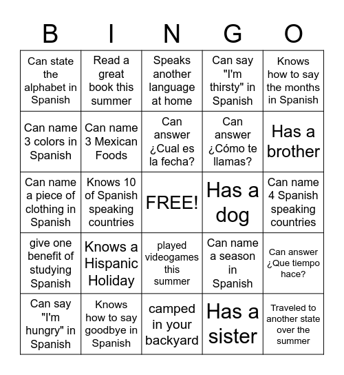 Bienvenidos a la clase de español 2021 Bingo Card