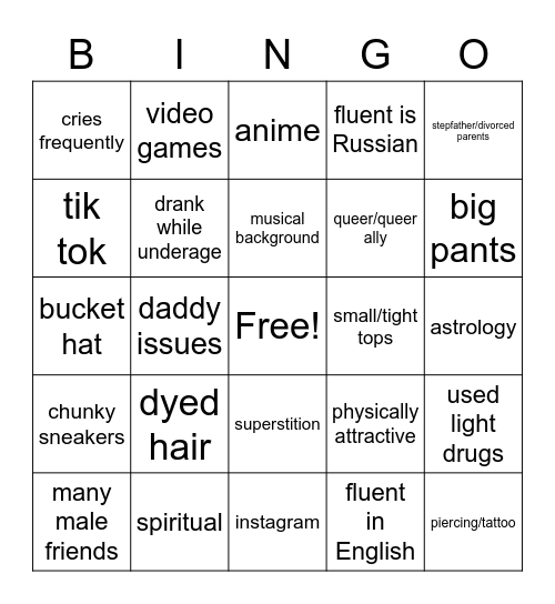 typical teenage girl Bingo Card