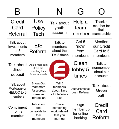 Credit Union Bingo Card