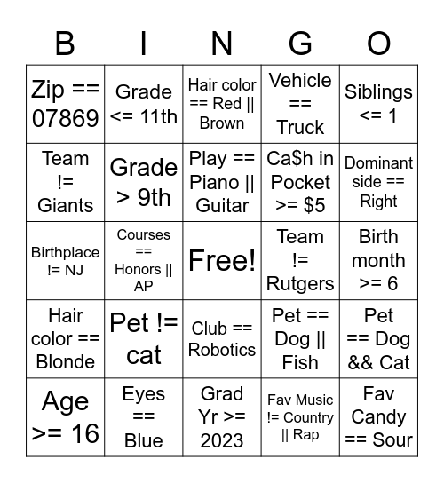 APCSP Boolean Bingo Card