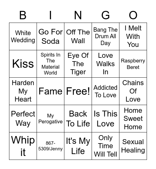 80's Hits Bingo Card