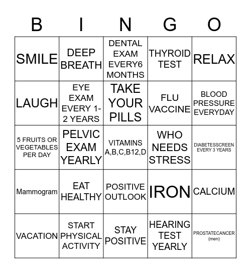 STAYING HEALTHY Bingo Card