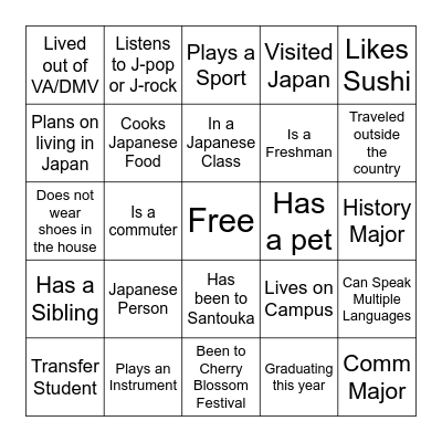 GMU JSA Icebreaker Bingo Card
