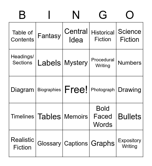 Fiction and Informative Bingo Card