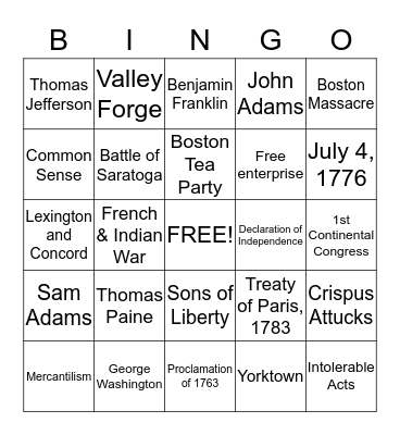 Revolutionary Bingo Card