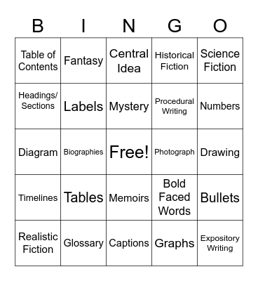Fiction and Informative Bingo Card