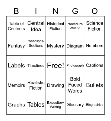 Fiction and Informative Bingo Card
