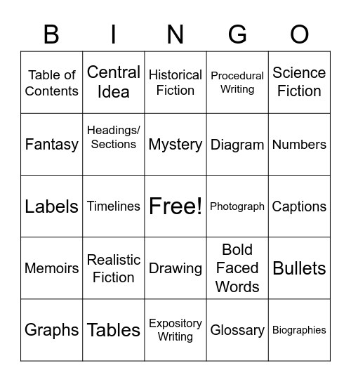 Fiction and Informative Bingo Card