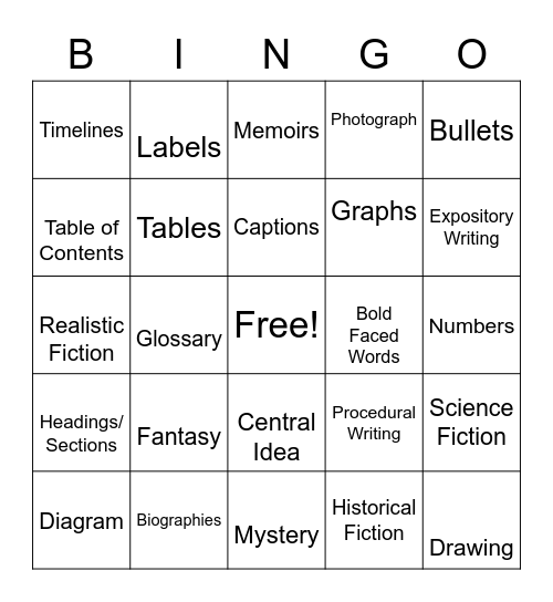 Fiction and Informative Bingo Card