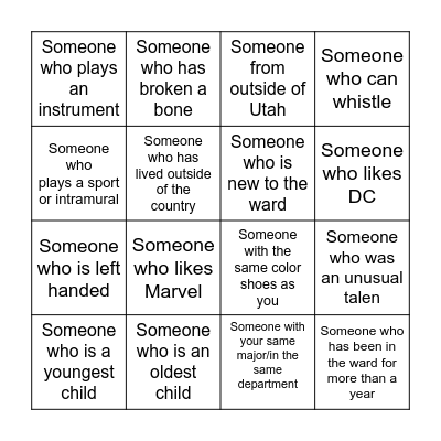 Provo YSA 8th Ward Scavenger Hunt Bingo Card