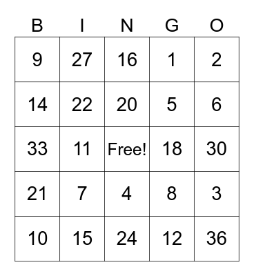 Multiplication Bingo Card