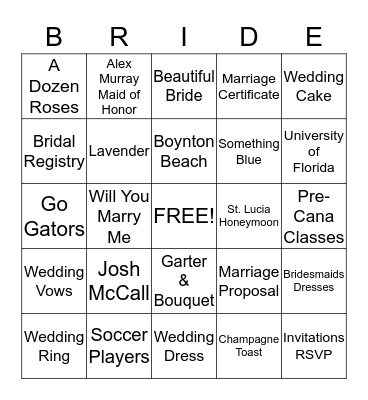 Janelle's Bridal Shower Bingo Card