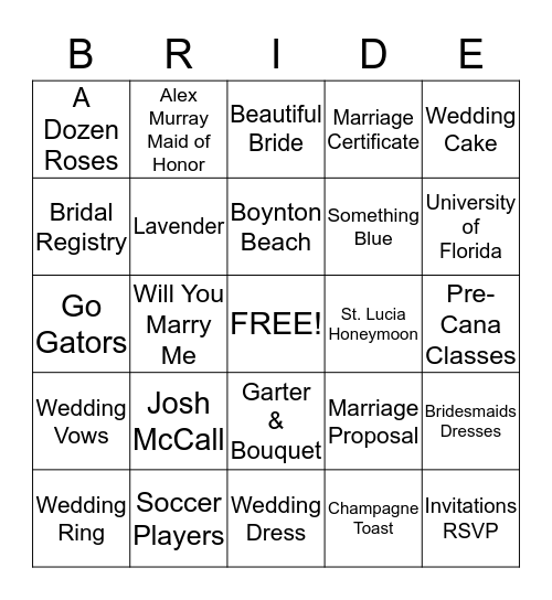 Janelle's Bridal Shower Bingo Card