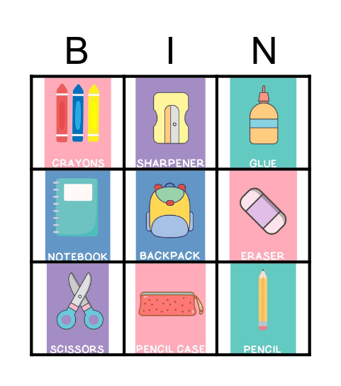 School Supplies Bingo Card