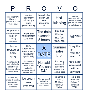 The "oh no, Provo" Bingo Card