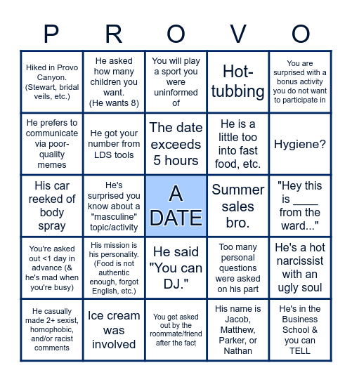 The "oh no, Provo" Bingo Card