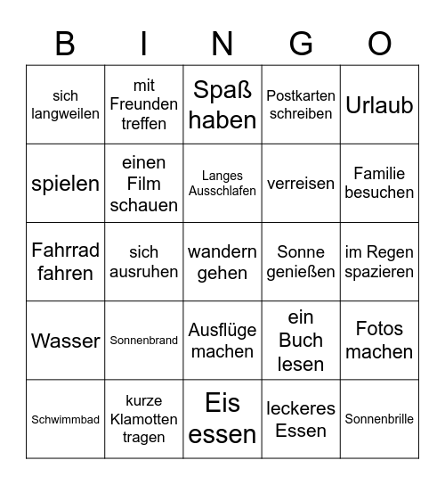 Sommerferien Bingo Card