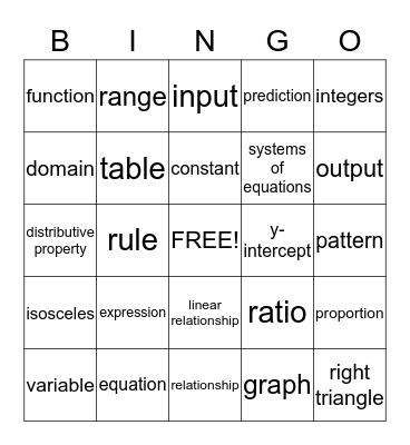 Algebra Bingo Card