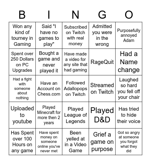 Gaming's Bingo Card