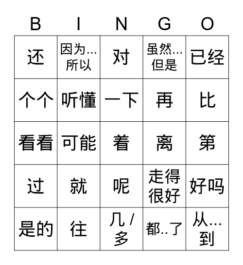 HSK2 Grammar Bingo Card