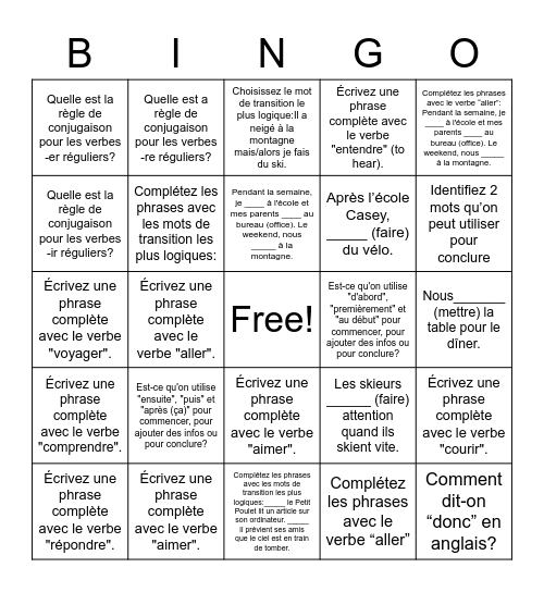 Mots de transition Bingo Card