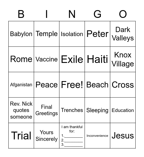 Sermon Bingo - August 29th, 2021 Bingo Card