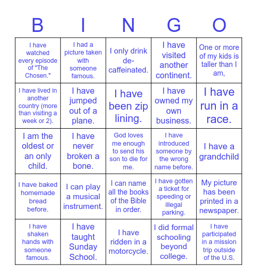 Life Experience Bingo Card