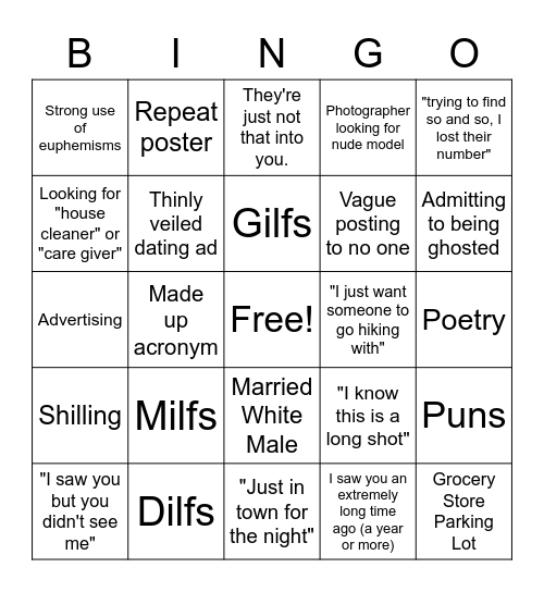 Craigslist Community Section Bingo Card