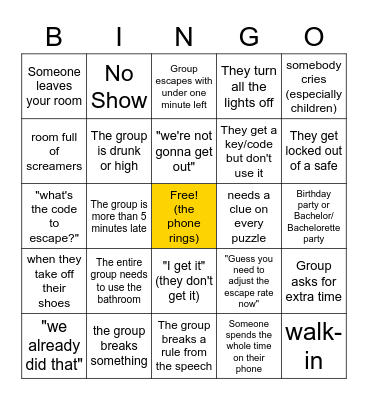 Escape Room Bingo Card