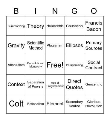 Unit 1: Vocabulary Bingo Card