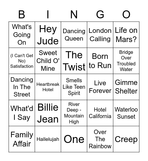 50 Iconic Songs Of All Time Bingo Card