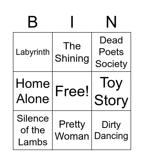 80s/90s Movies Bingo Card