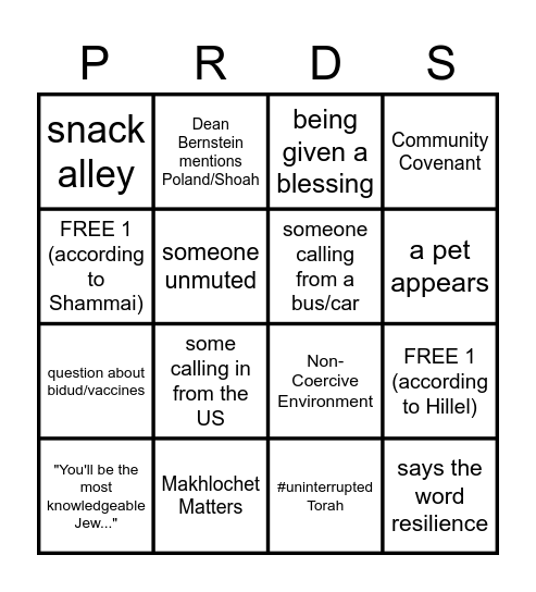 PRDS Bingo Card