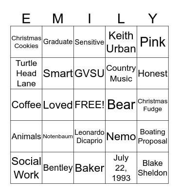 EMILY WEDDING BINGO Card