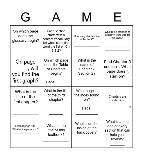 Textbook Scavenger Hunt Bingo Card