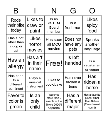oSTEM get-to-know-you bingo! Bingo Card
