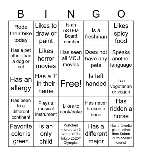 oSTEM get-to-know-you bingo! Bingo Card