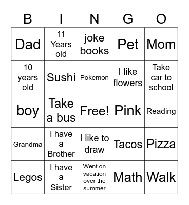 All About Me Bingo Card